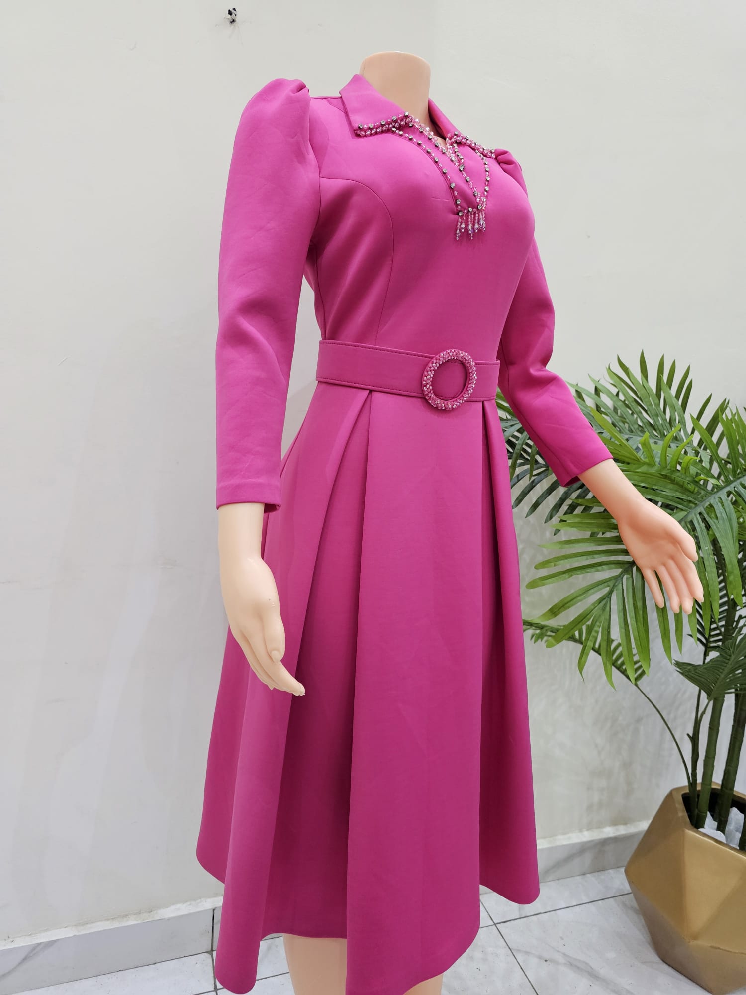 Fuchsia Belted Flare Midi Dress